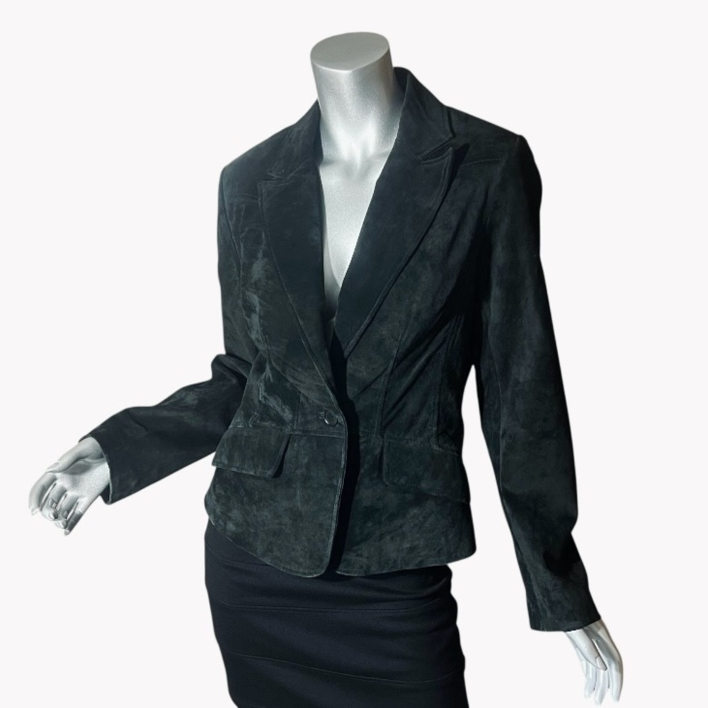 Context Women’s Size 6 Suede Leather Blazer  One Button Jacket Black Pockets